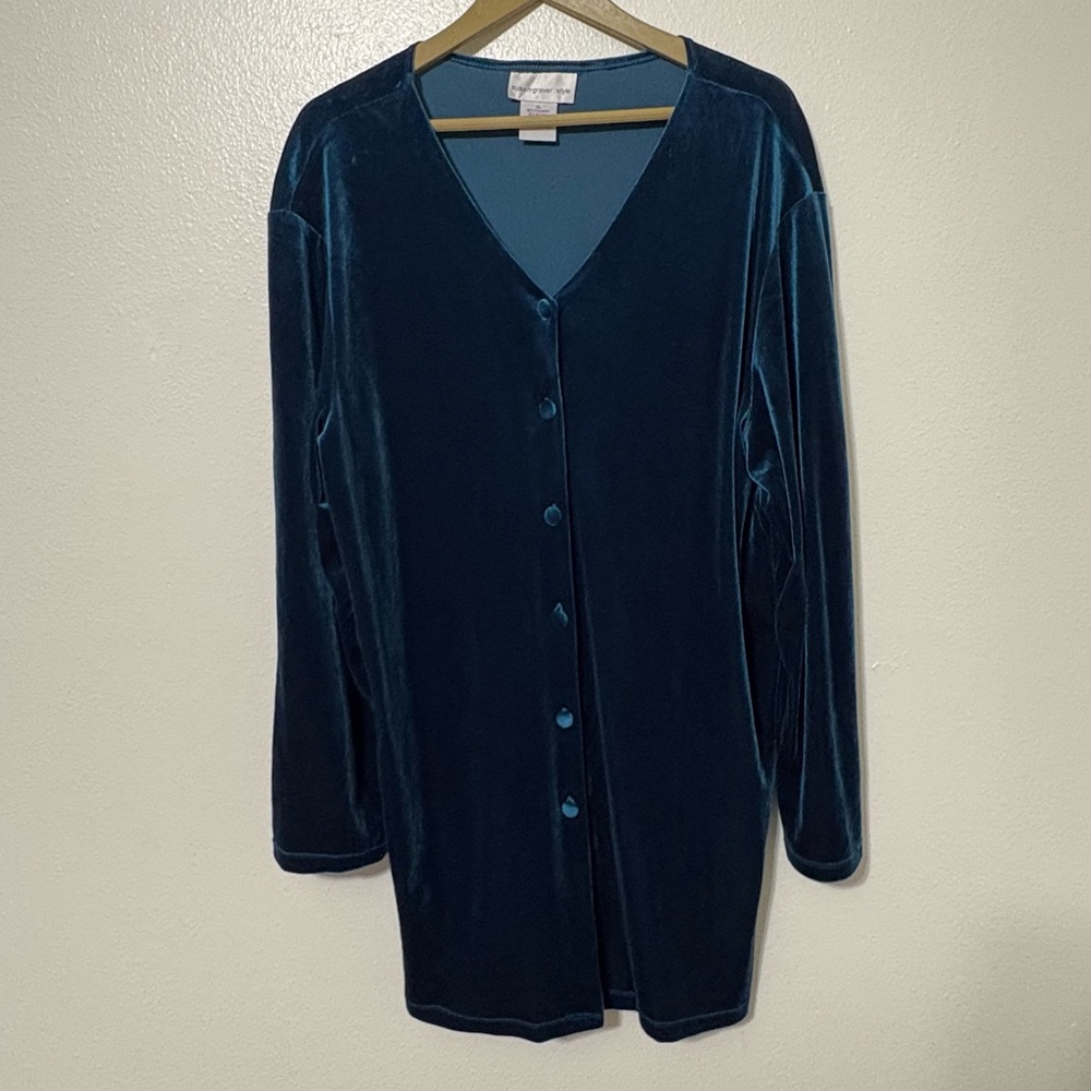 Susan Graver Teal Blue Size XL Velour Button Up Shirt Dress‎ Boho Artsy Colorful